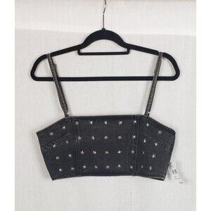Baevely Crop Top Womens L Black‎ Wash Denim Star Studded Patriotic Rock Biker